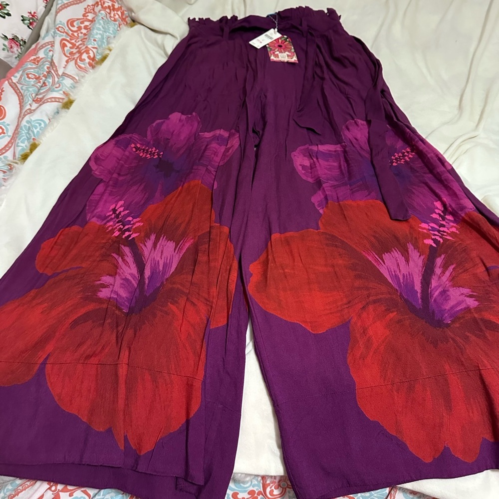 Farm Rio Elegant Purple Floral Wide-Leg Pants M - Picture 3 of 4